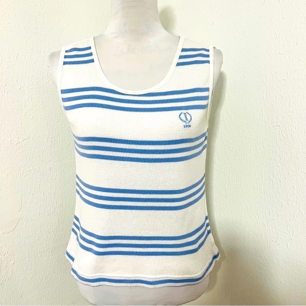 Izod Women’s Size Small Classic Blue and White Striped Tank Top 100% Cotton EUC